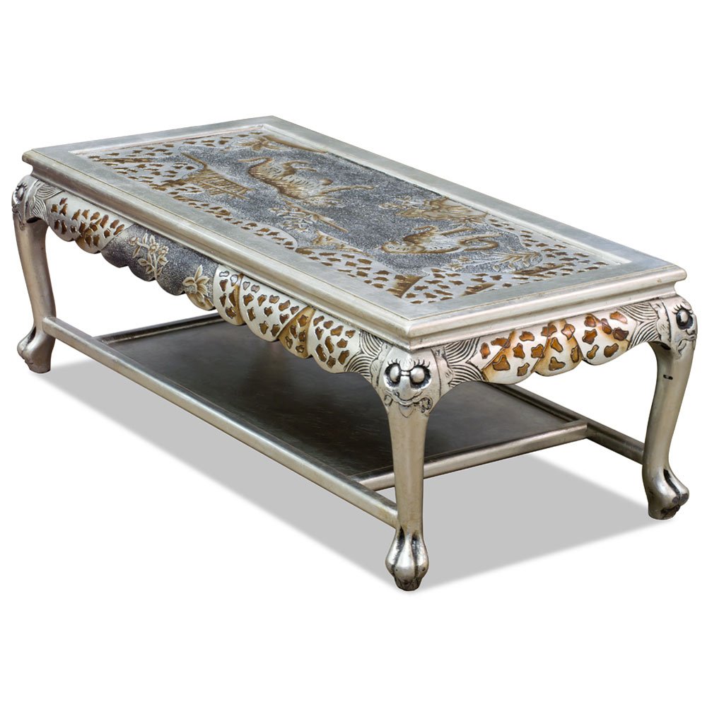 Hand Painted Silver Leaf Tiger Motif Queen Anne Oriental Coffee Table