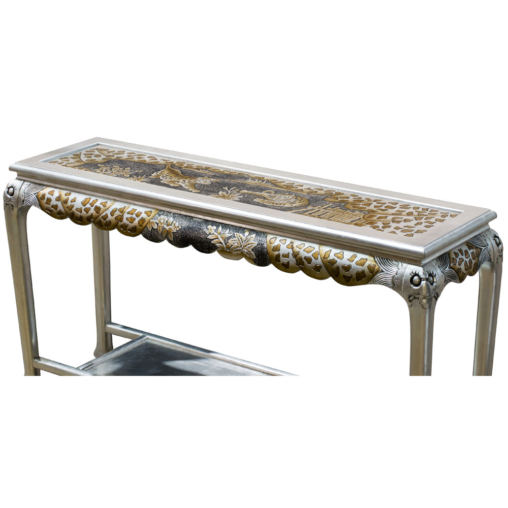 Hand Painted Silver Leaf Tiger Motif Queen Anne Oriental Console Table