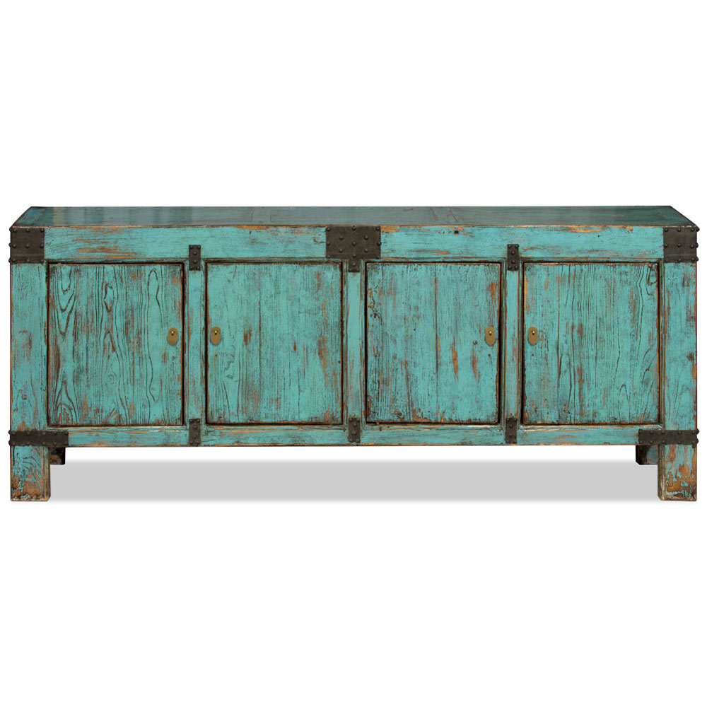 Vintage Distressed Light Blue Elmwood Tang Asian Sideboard