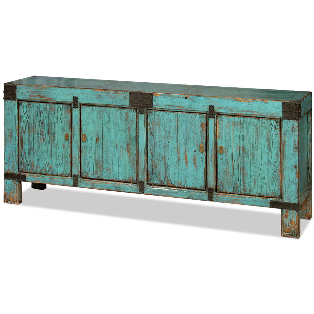 Vintage Distressed Light Blue Elmwood Tang Asian Sideboard