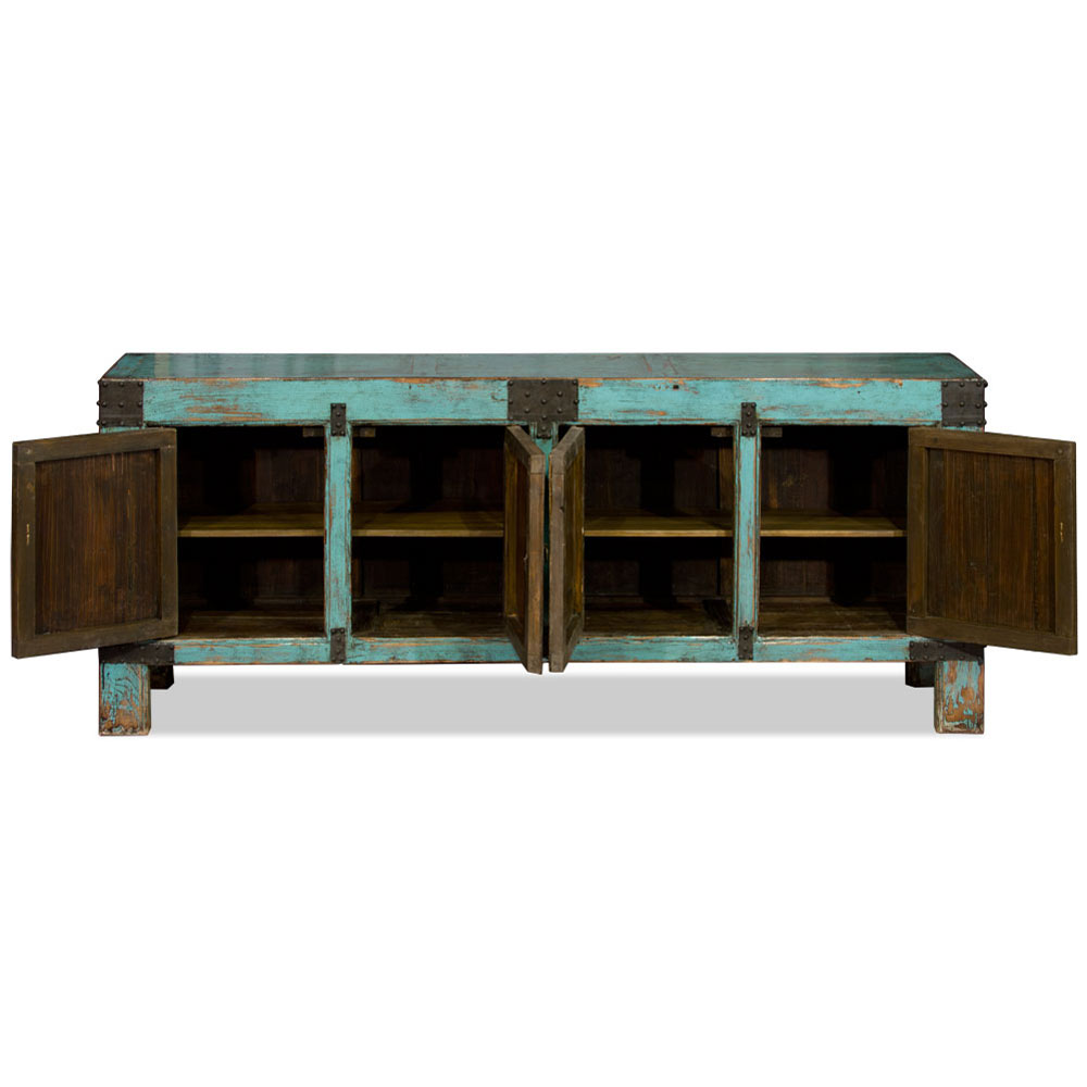 Vintage Distressed Light Blue Elmwood Tang Asian Sideboard