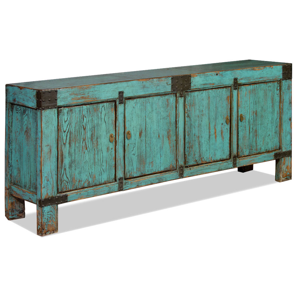 Vintage Distressed Light Blue Elmwood Tang Asian Sideboard