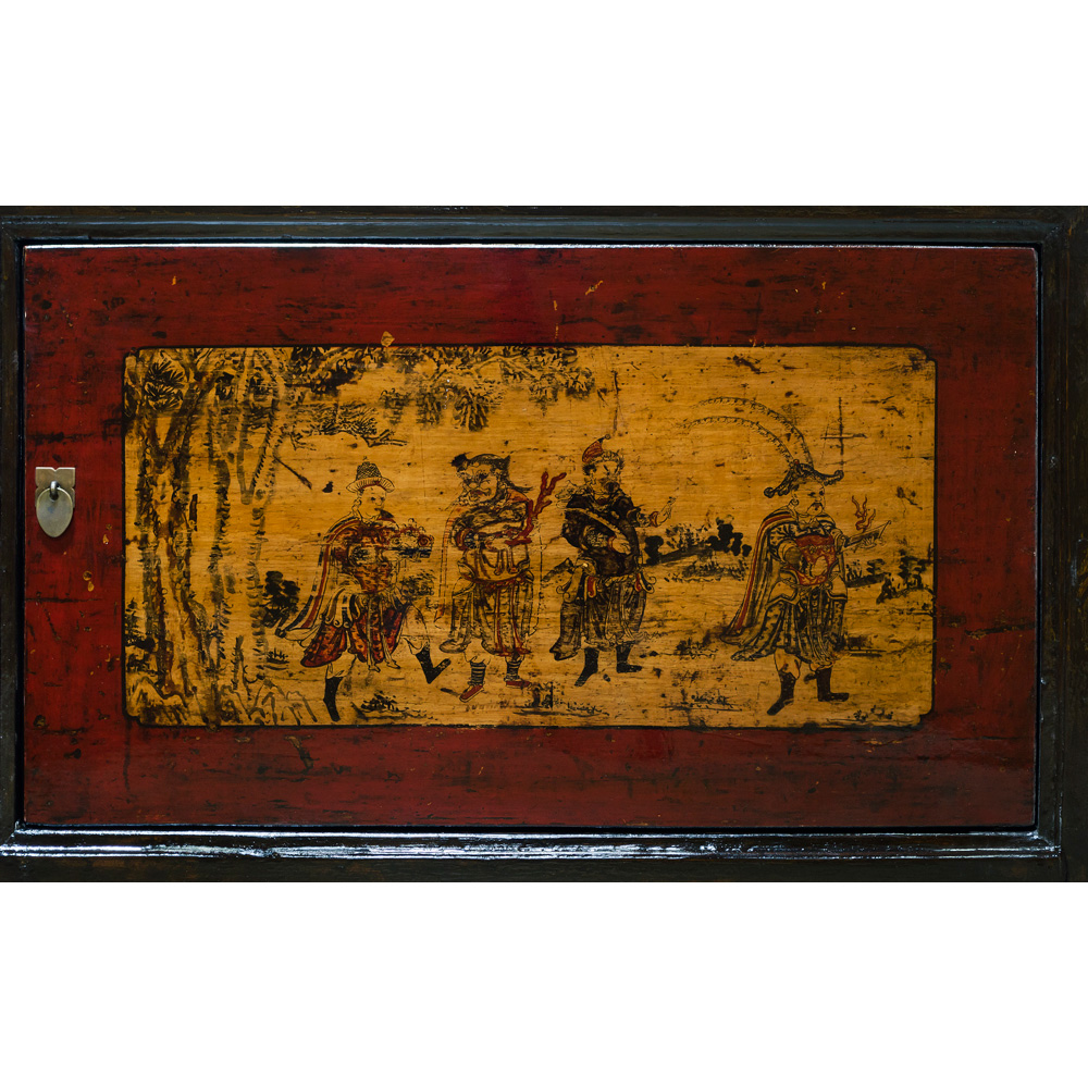 Vintage Dark Brown Elmwood San Guo Sideboard with Red and Yellow Doors