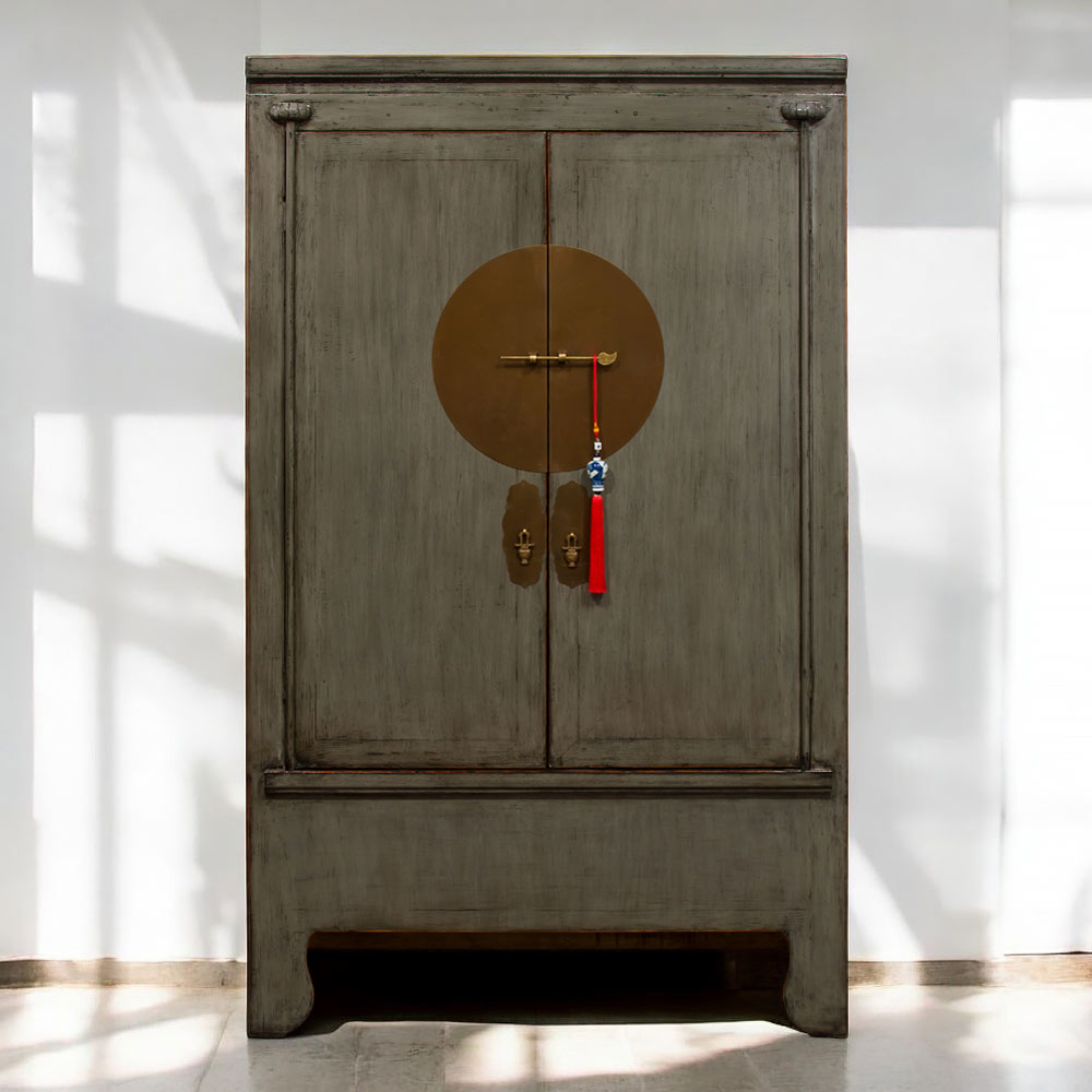 Distressed Earl Grey Elmwood Chinese Ming Wedding Cabinet Armoire