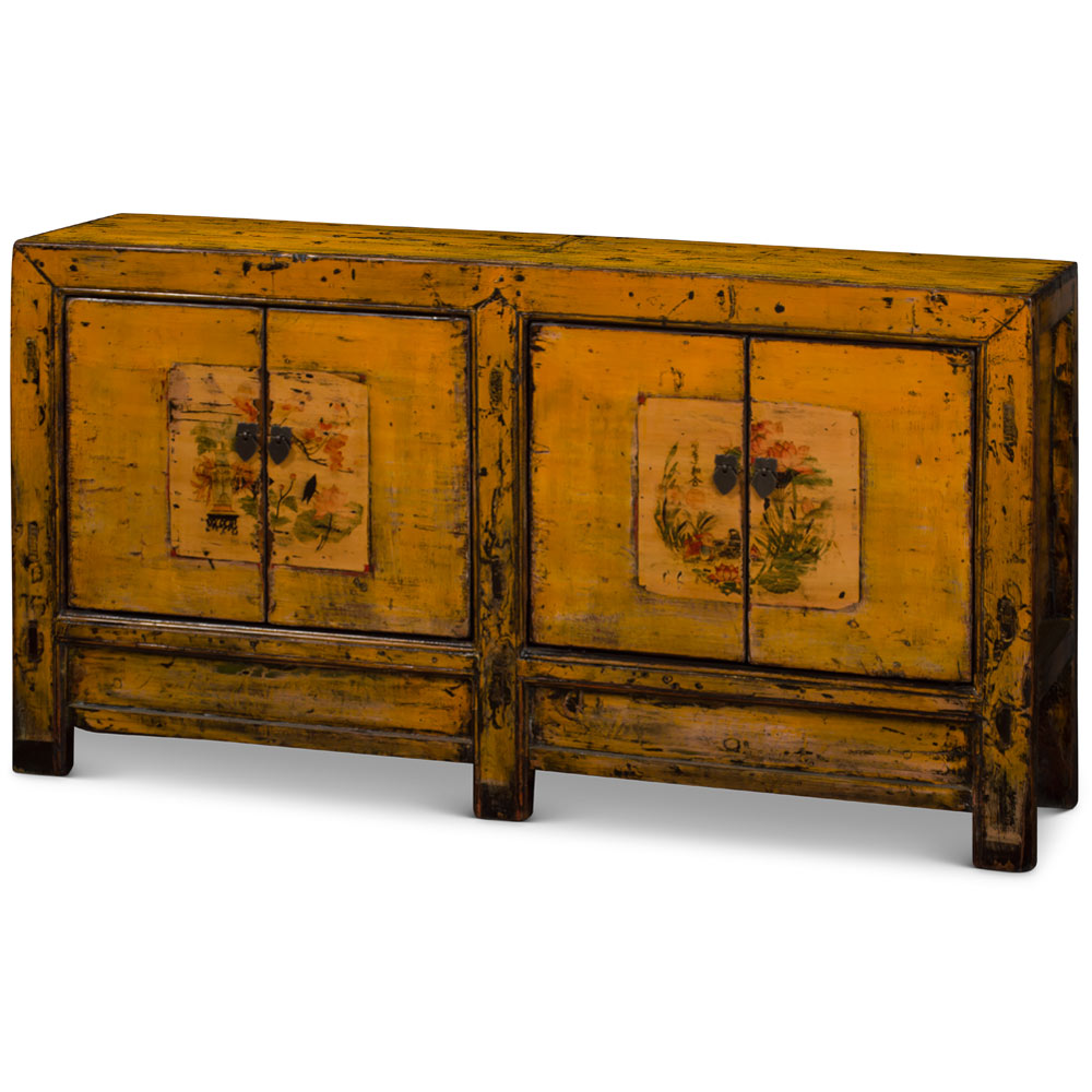 Hand Painted Flower Motif Distressed Yellow Mongolian Elmwood Sideboard