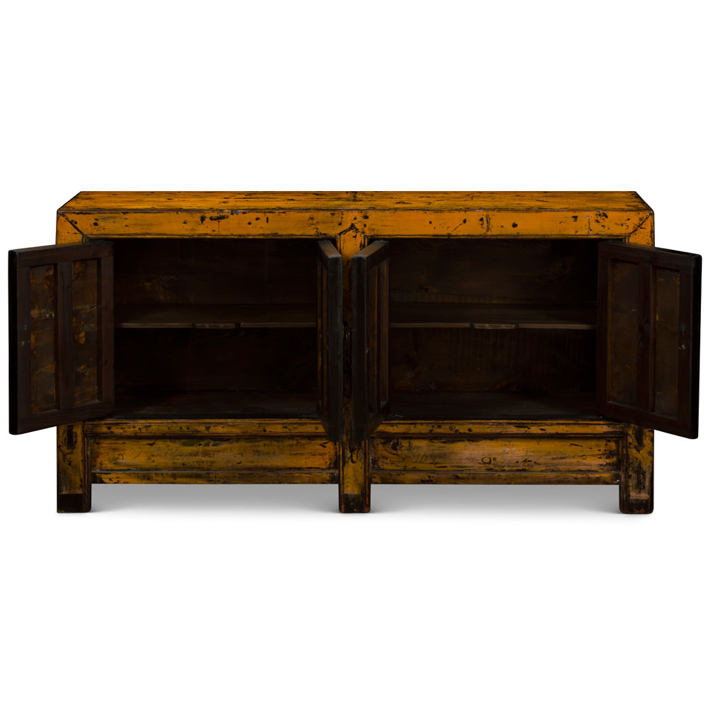 Hand Painted Flower Motif Distressed Yellow Mongolian Elmwood Sideboard