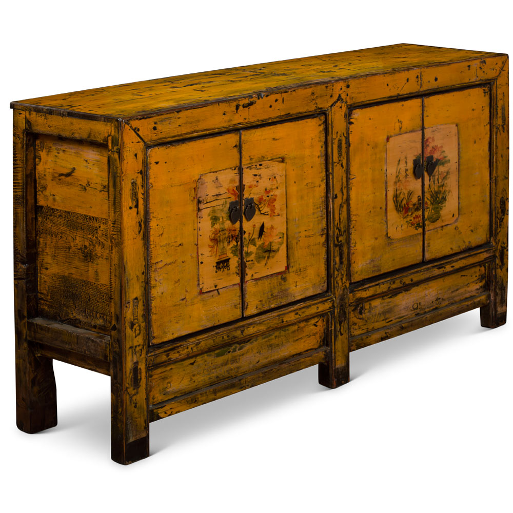 Hand Painted Flower Motif Distressed Yellow Mongolian Elmwood Sideboard