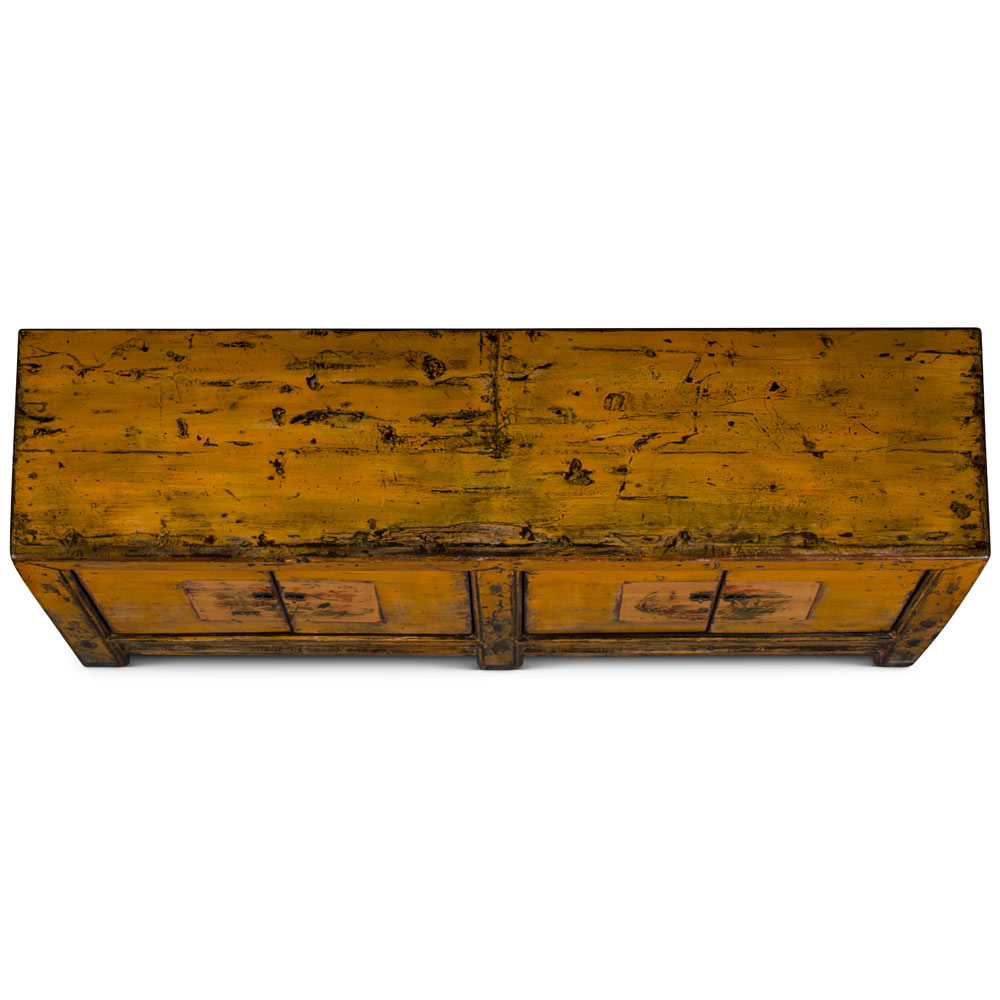 Hand Painted Flower Motif Distressed Yellow Mongolian Elmwood Sideboard