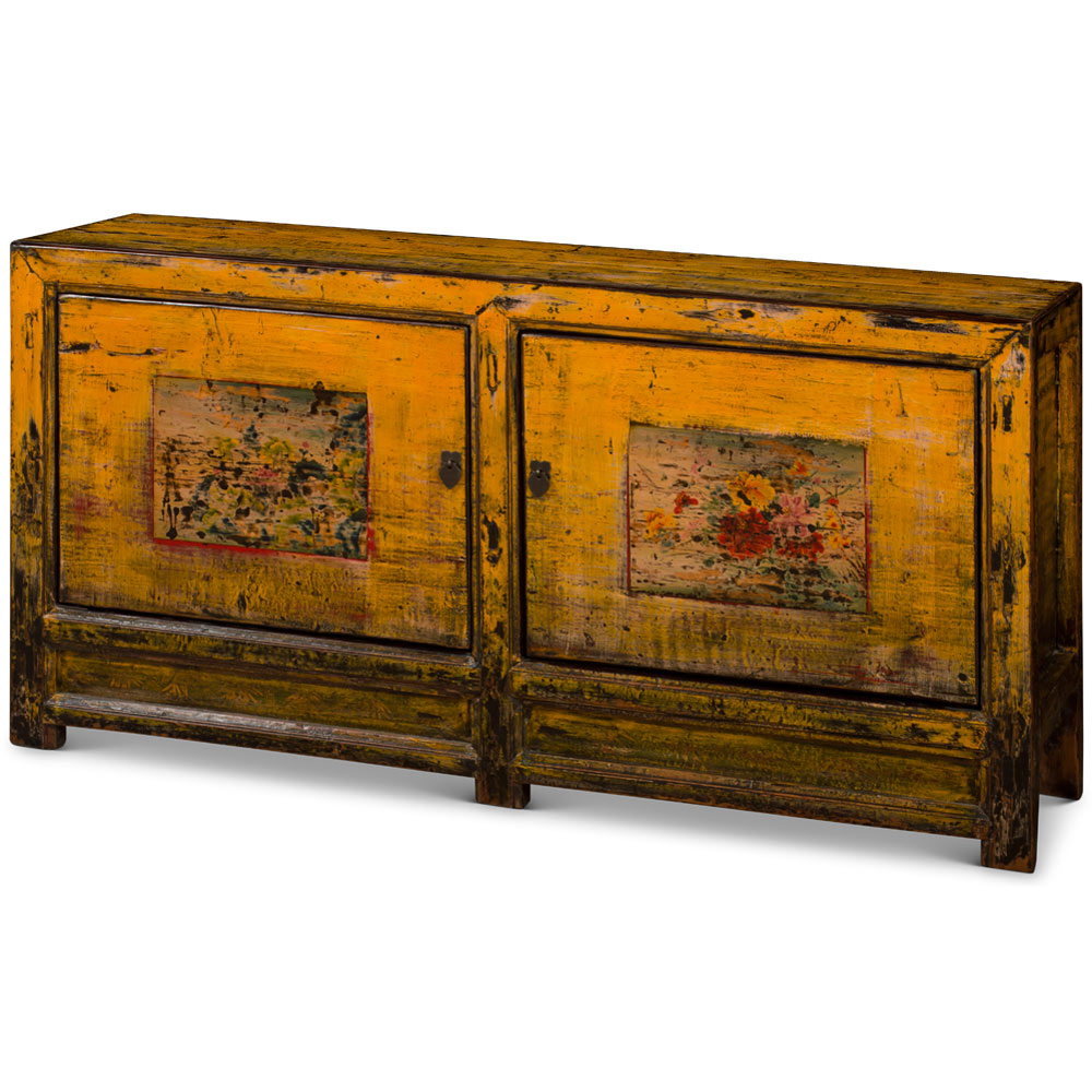 Hand Painted Flower Motif Distressed Yellow Mongolian Elmwood Sideboard