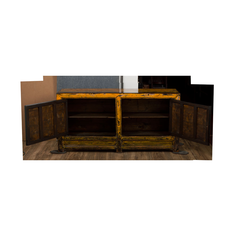 Hand Painted Flower Motif Distressed Yellow Mongolian Elmwood Sideboard
