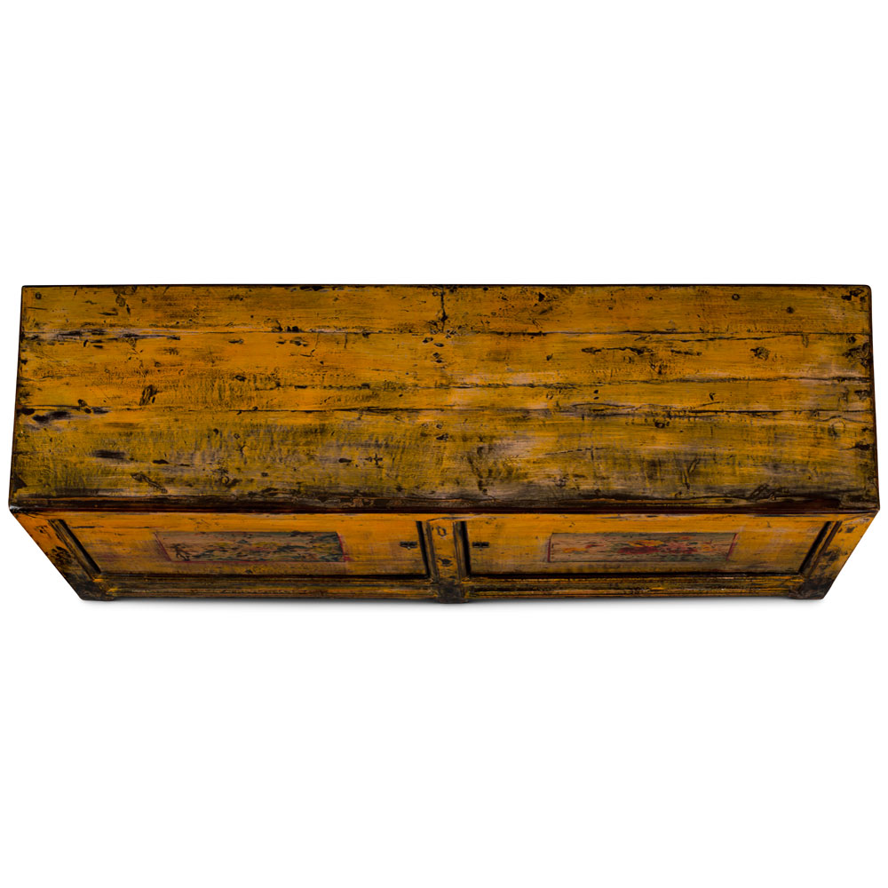 Hand Painted Flower Motif Distressed Yellow Mongolian Elmwood Sideboard