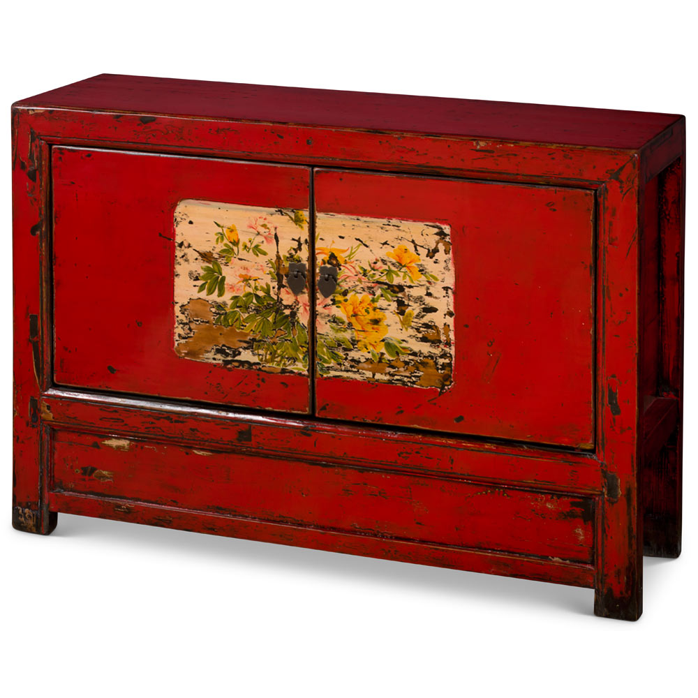 Hand Painted Flower Motif Distressed Red Mongolian Elmwood Cabinet