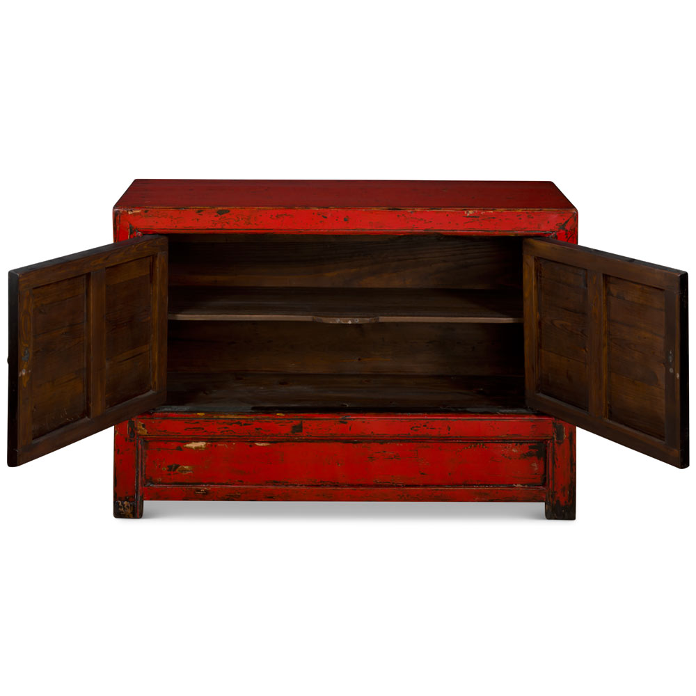Hand Painted Flower Motif Distressed Red Mongolian Elmwood Cabinet