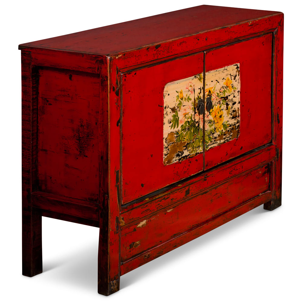 Hand Painted Flower Motif Distressed Red Mongolian Elmwood Cabinet