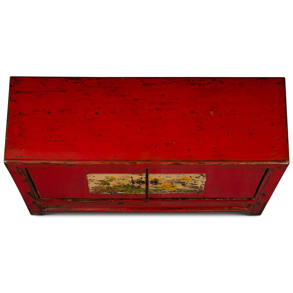 Hand Painted Flower Motif Distressed Red Mongolian Elmwood Cabinet
