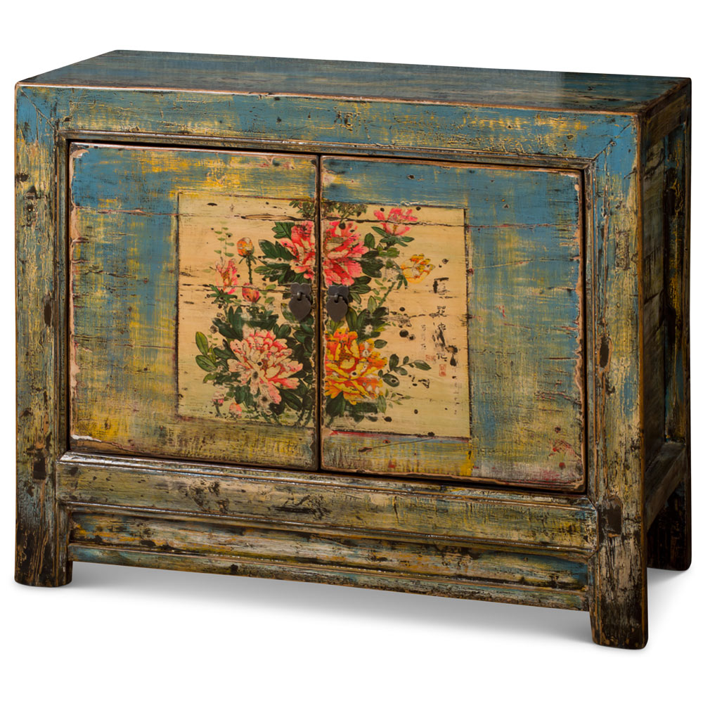 Distressed Turquoise Peony Elmwood Cabinet