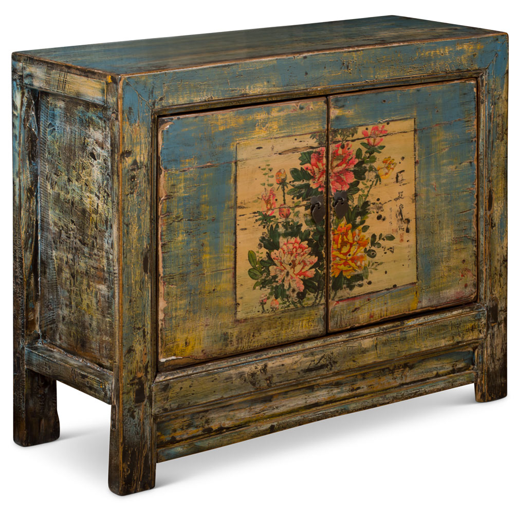 Distressed Turquoise Peony Elmwood Cabinet