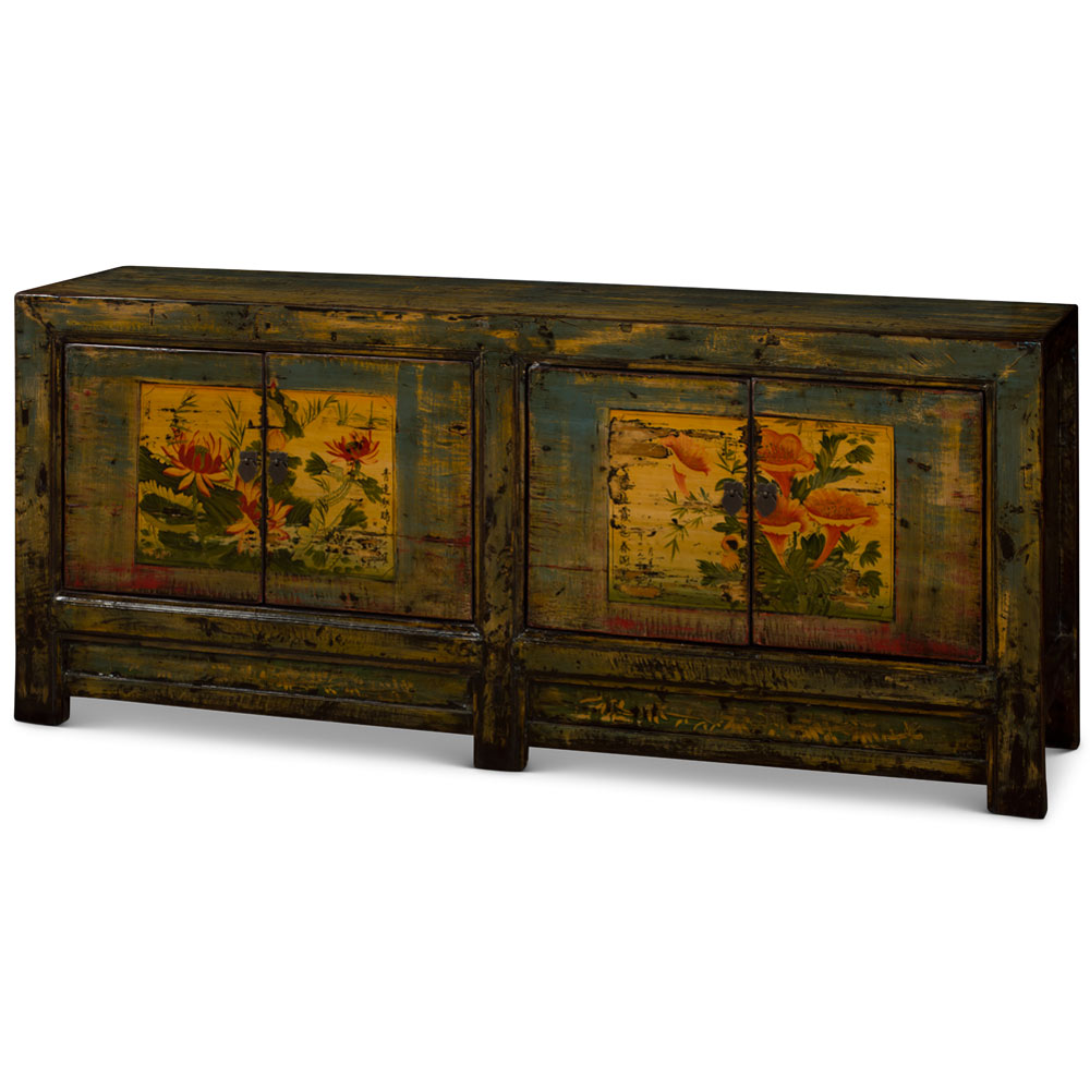 Hand Painted Flower Motif Distressed Blue Mongolian Elmwood Sideboard