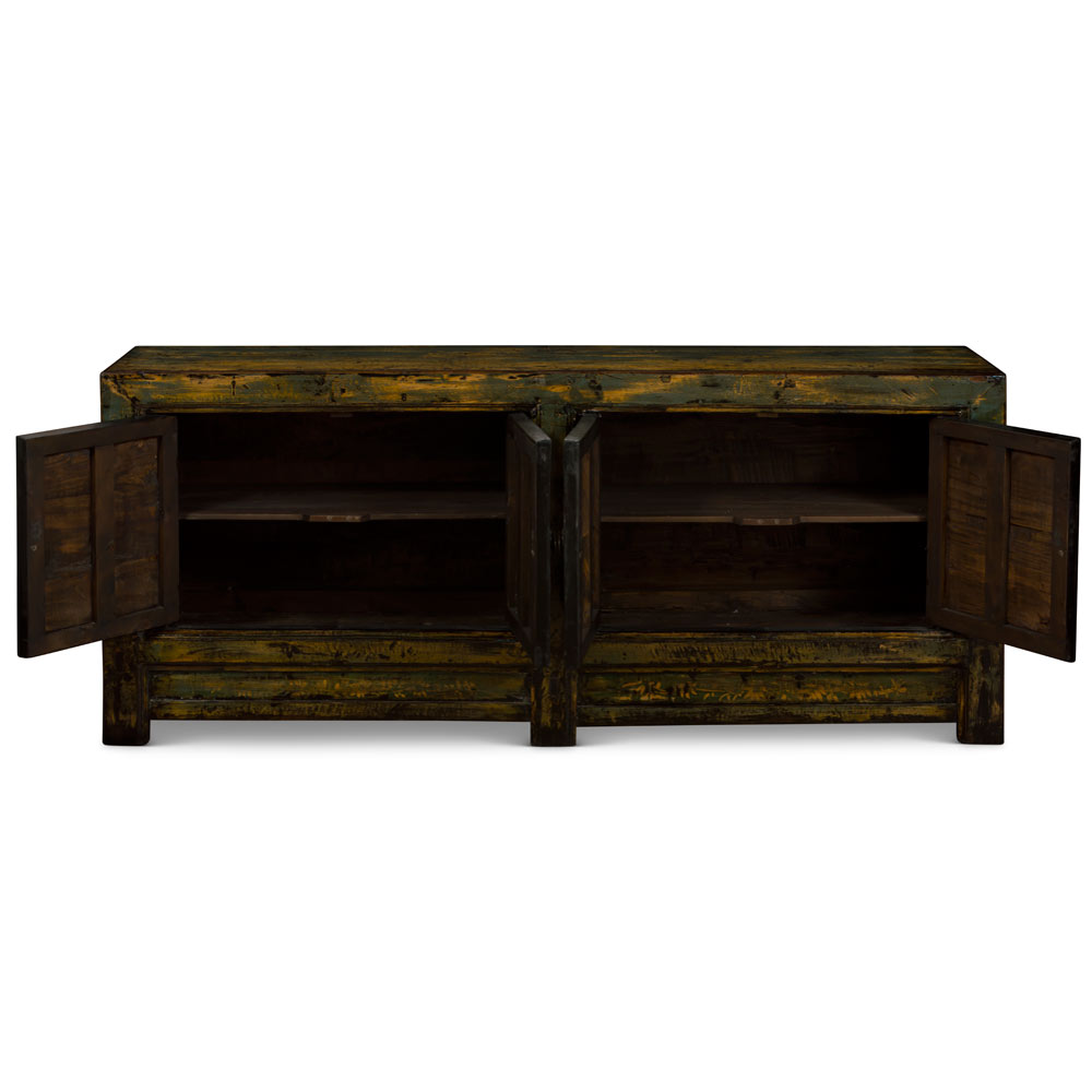 Hand Painted Flower Motif Distressed Blue Mongolian Elmwood Sideboard