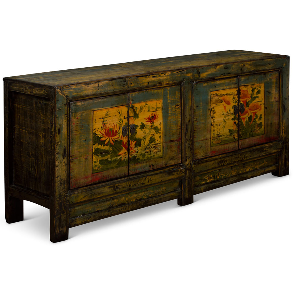 Hand Painted Flower Motif Distressed Blue Mongolian Elmwood Sideboard