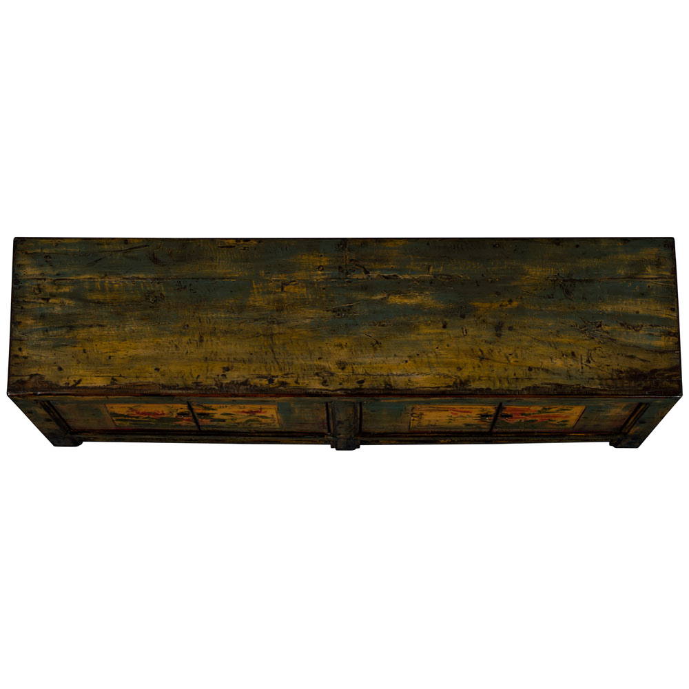 Hand Painted Flower Motif Distressed Blue Mongolian Elmwood Sideboard