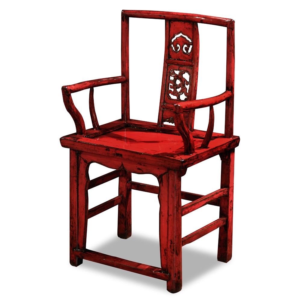 Vintage Red Elmwood Oriental Qing Dynasty Arm Chair