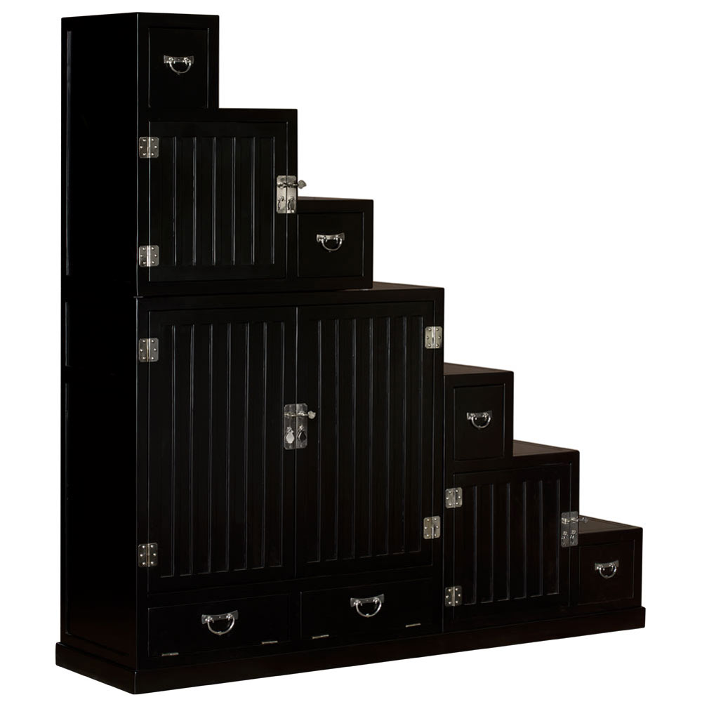 Black Finish Elmwood Grand Japanese Step Tansu Chest with White Brass Hardware