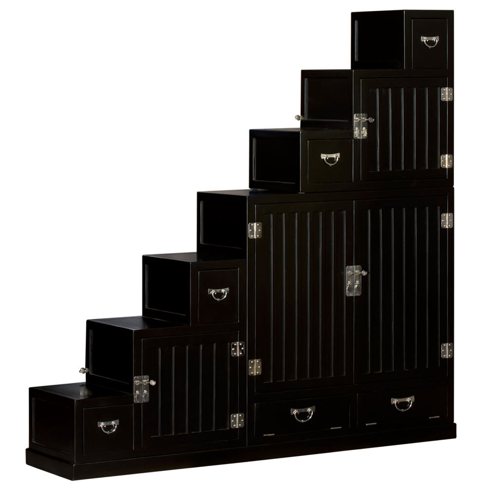 Black Finish Elmwood Grand Japanese Step Tansu Chest with White Brass Hardware