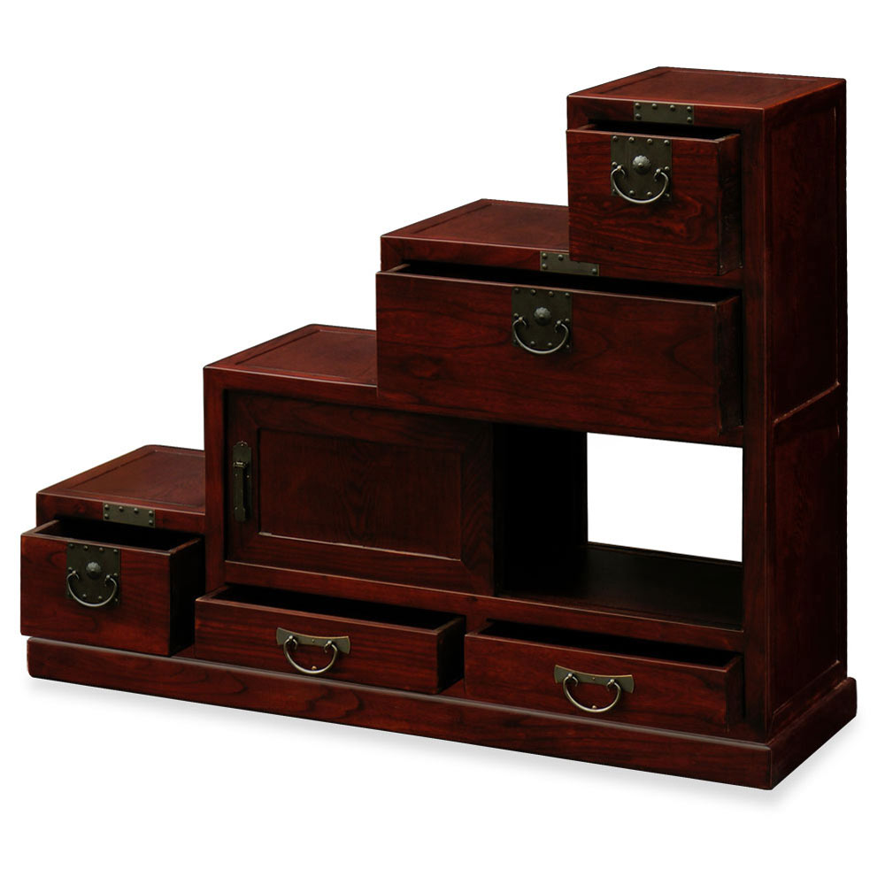 Dark Cherry Elmwood Japanese Style Step Tansu