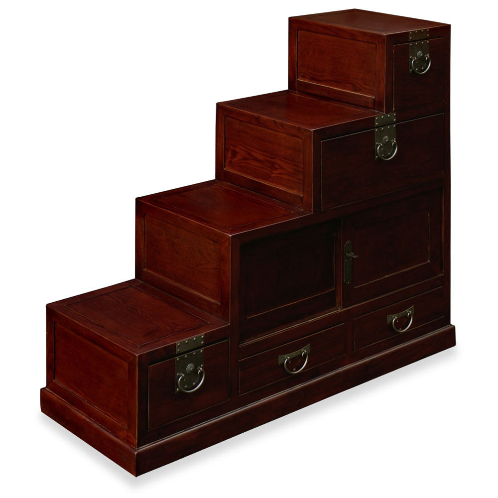 Dark Cherry Elmwood Japanese Style Step Tansu