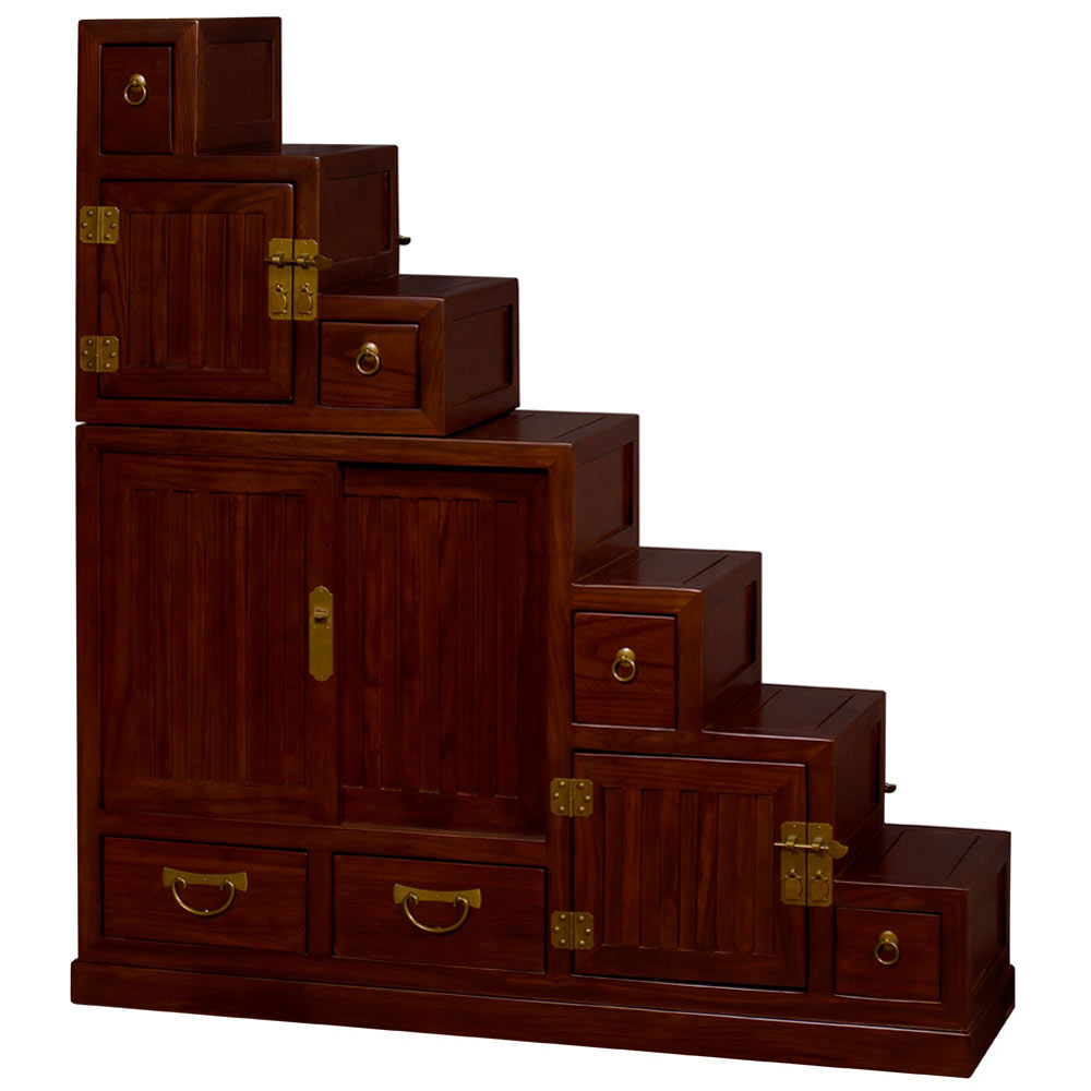 Mahogany Finish Elmwood Japanese Style Step Tansu Chest