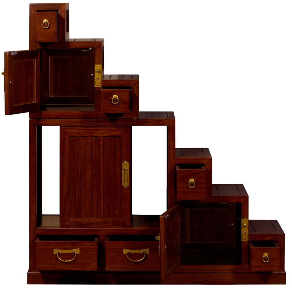 Mahogany Finish Elmwood Japanese Style Step Tansu Chest