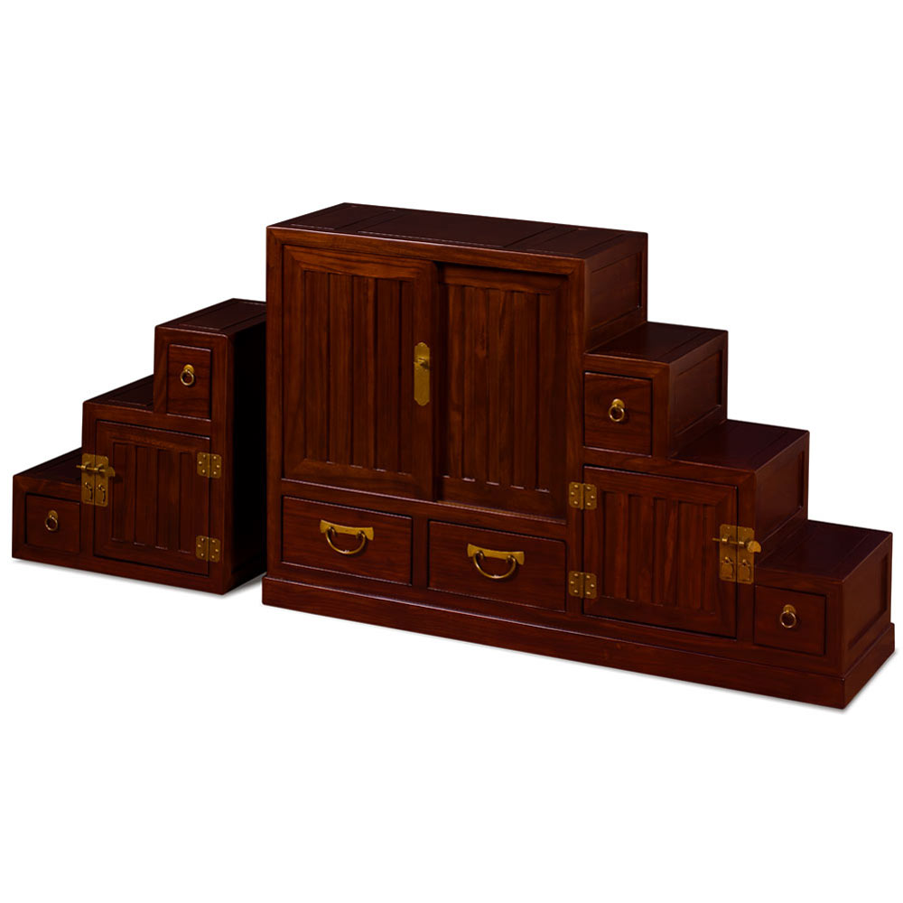 Mahogany Finish Elmwood Japanese Style Step Tansu Chest