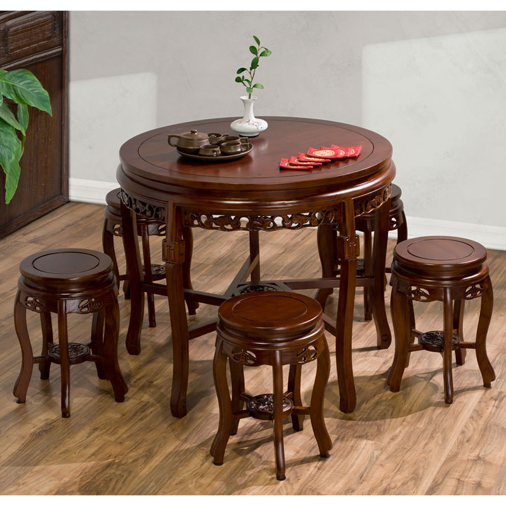 Mahogany Finish Round Elmwood Su Chow Tea Table Set with 5 Stools