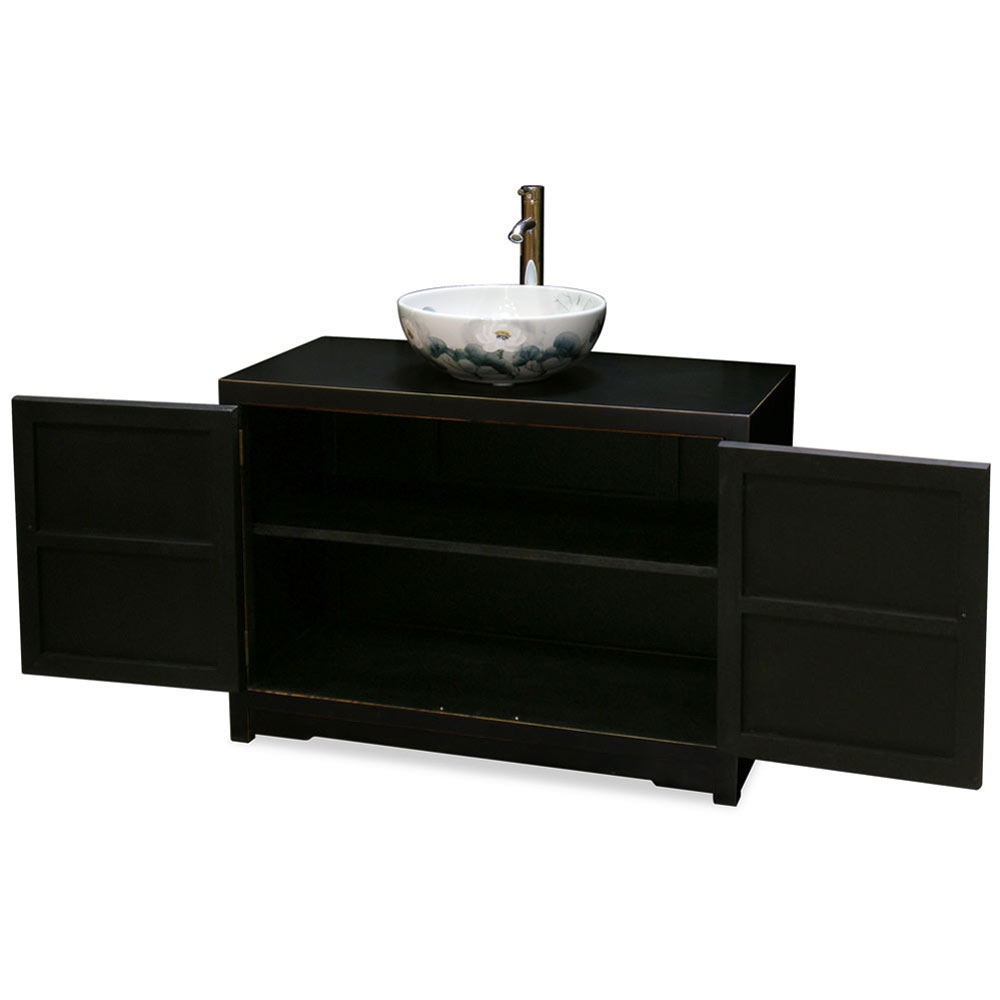 Distressed Black Elmwood Chinese Ming Vanity Cabinet