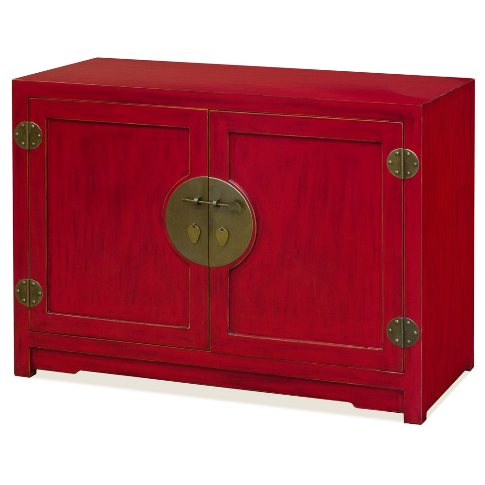 Distressed Red Elmwood Chinese Ming Vanity Cabinet
