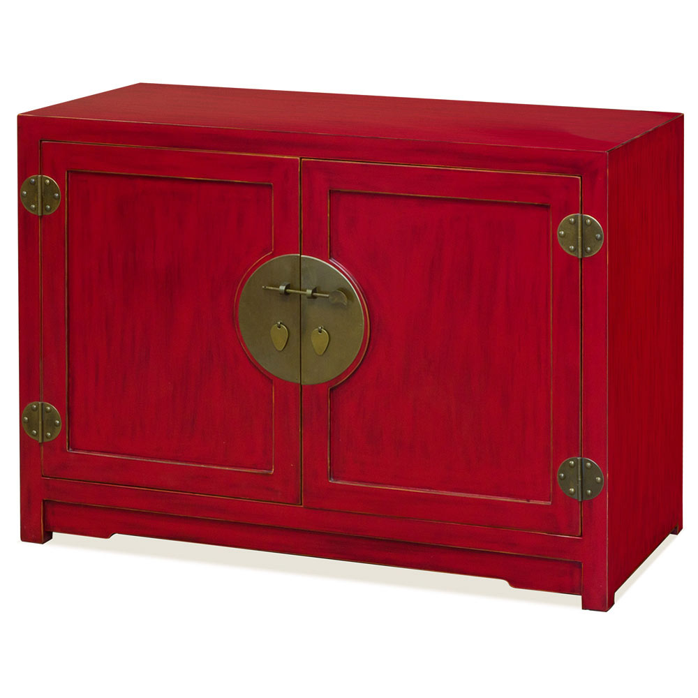 Distressed Red Elmwood Chinese Ming Vanity Cabinet