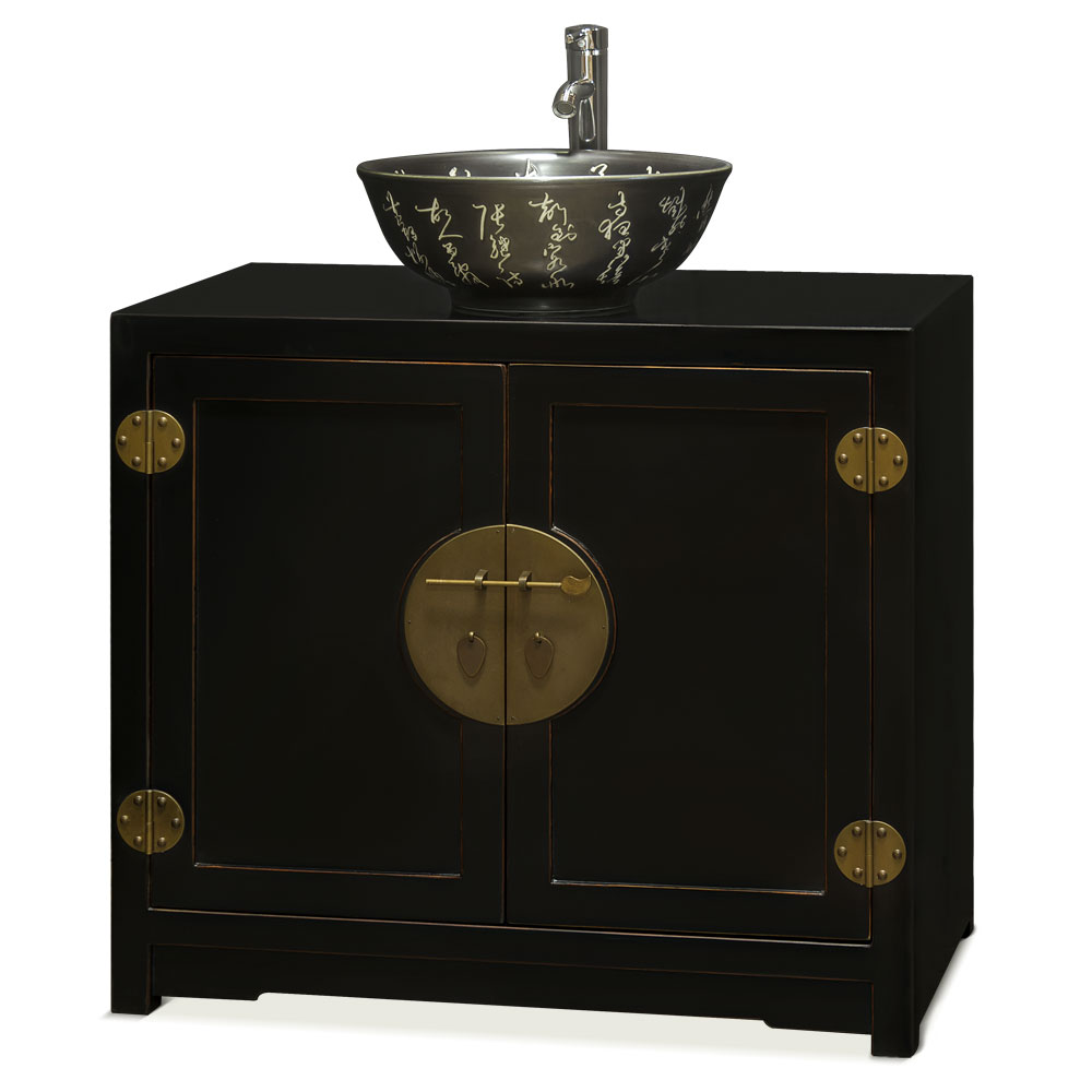 Distressed Black Elmwood Chinese Ming Vanity Cabinet