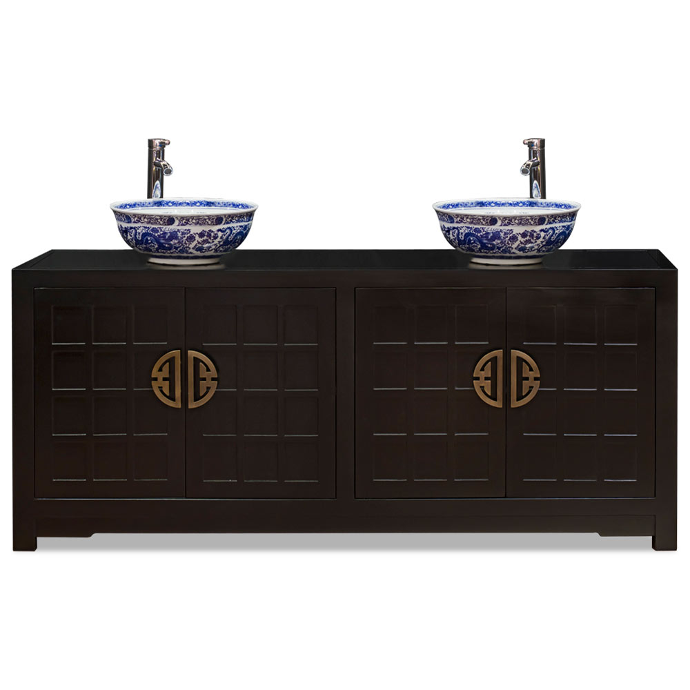 Matte Black Elmwood Japanese Sho Ji Double Vanity Cabinet