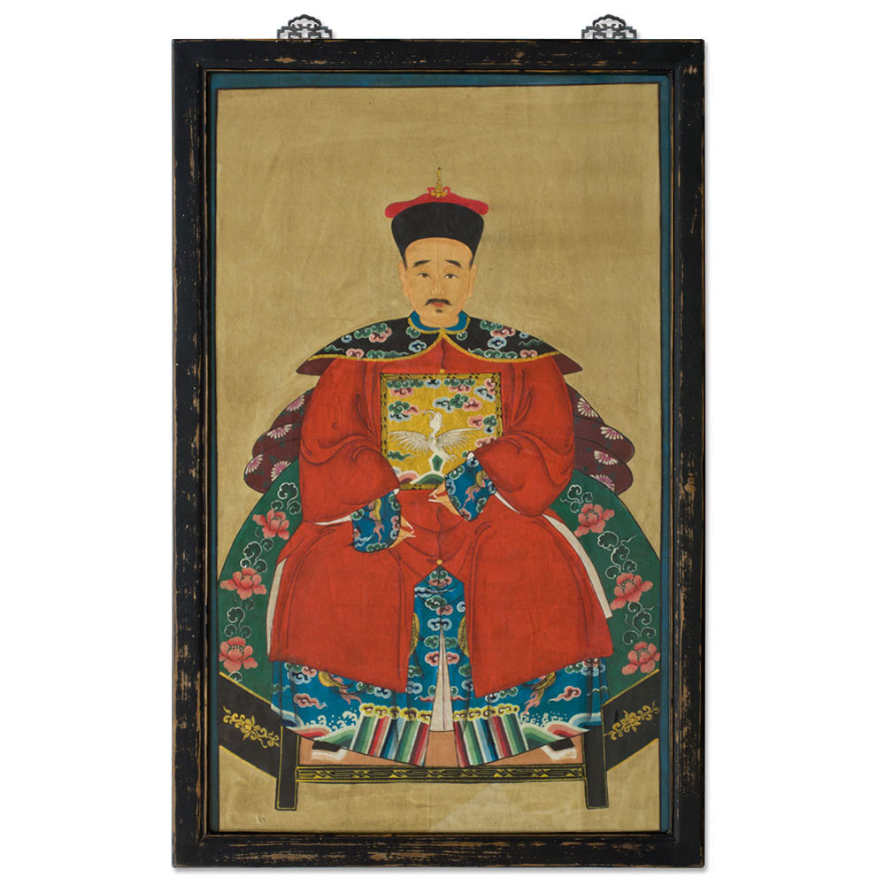 Vintage Red Robe Chinese Ancestor Family Portrait Painting Set