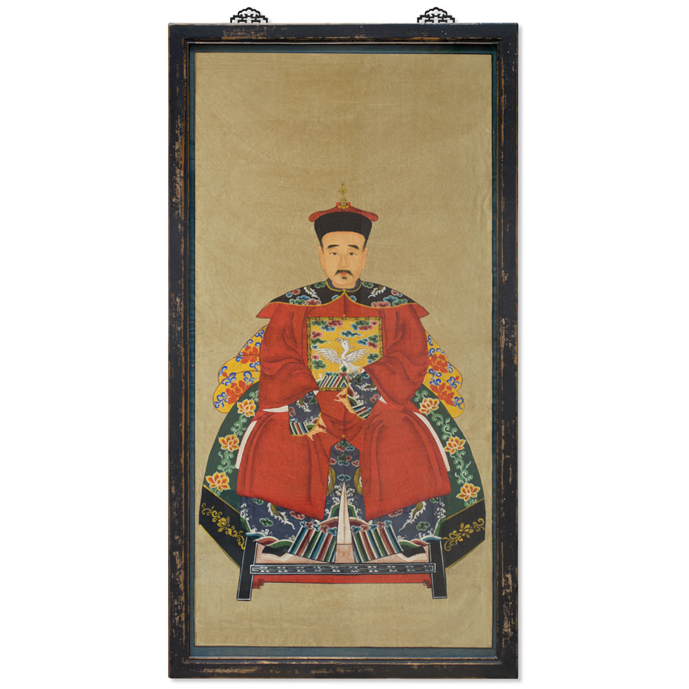 Large Vintage Red Robe Chinese Ancestor Family Portrait Painting Set