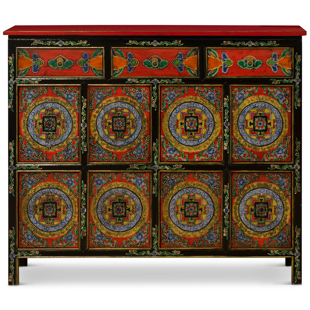 Red and Blue Hand Painted Tibetan Motif Elmwood Cabinet