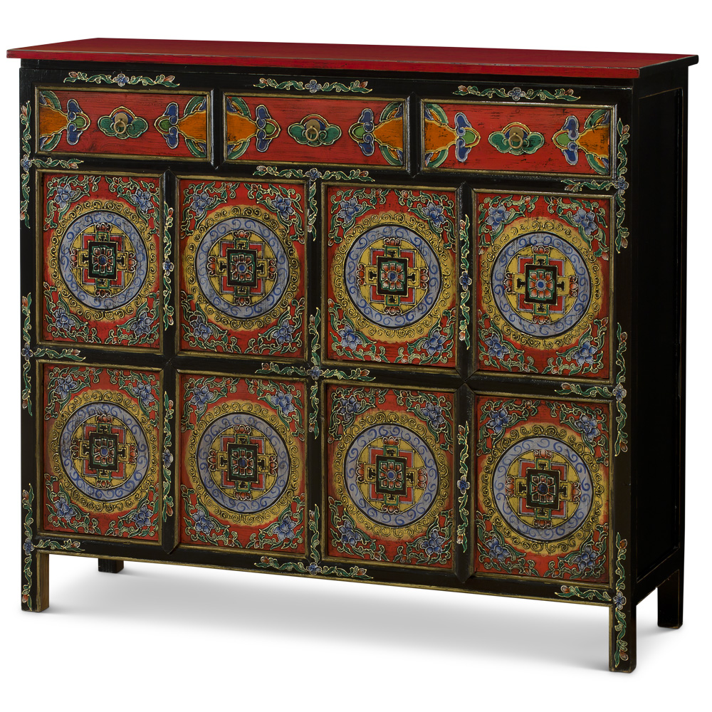 Red and Blue Hand Painted Tibetan Motif Elmwood Cabinet