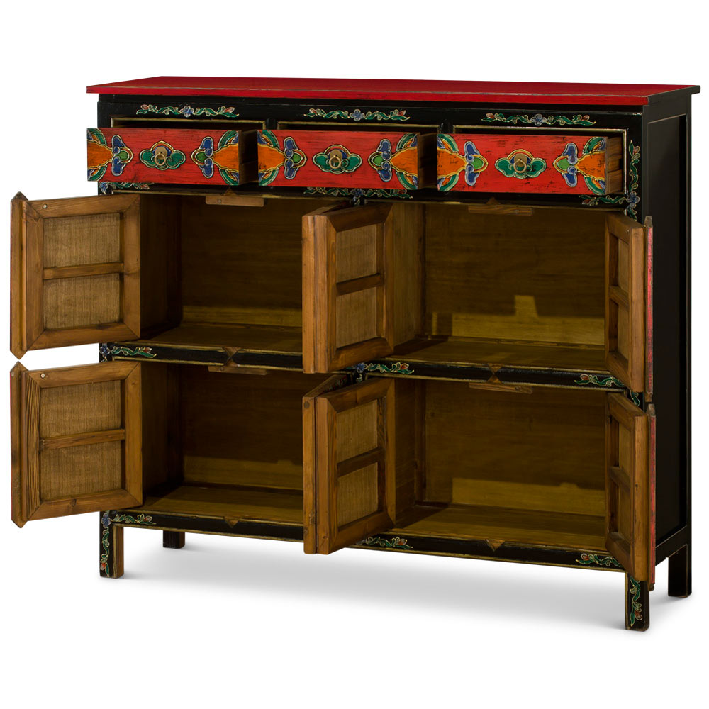 Red and Blue Hand Painted Tibetan Motif Elmwood Cabinet