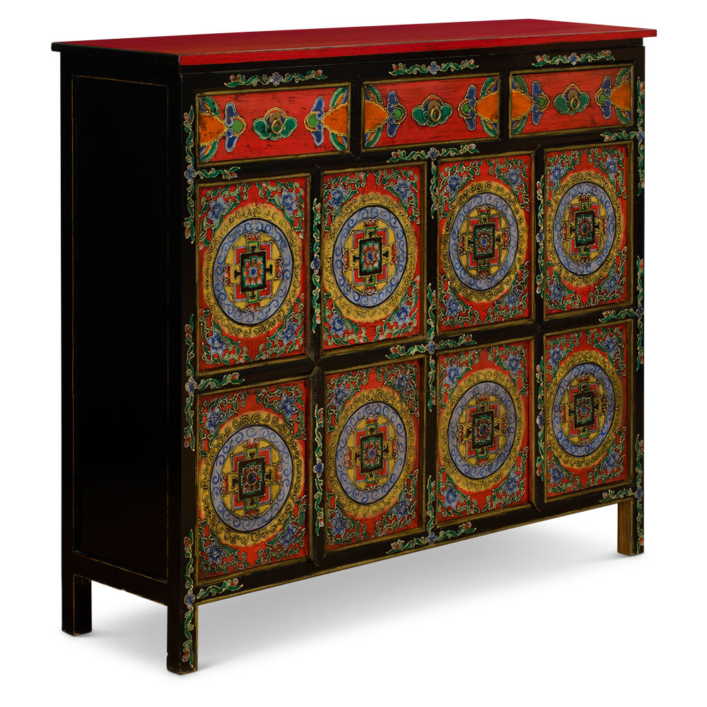 Red and Blue Hand Painted Tibetan Motif Elmwood Cabinet