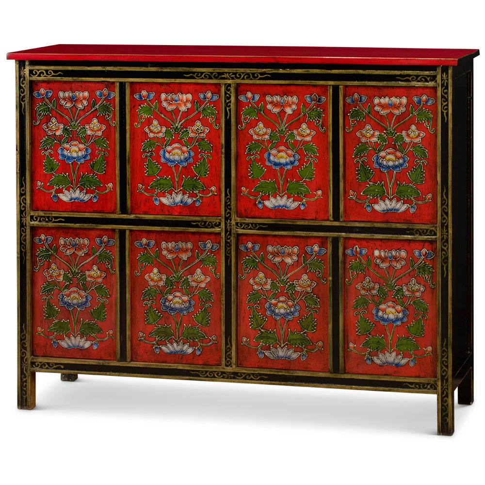 Red Hand Painted Tibetan Flower Motif Elmwood Cabinet