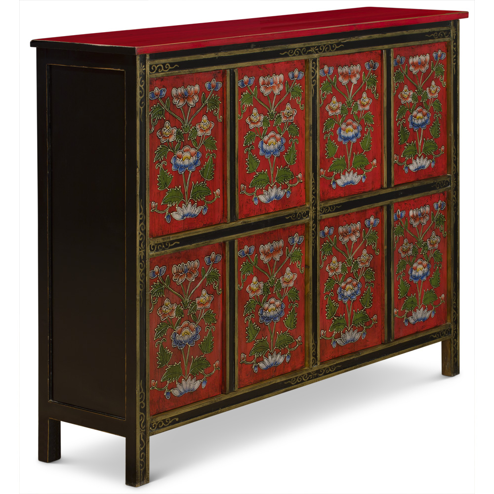 Red Hand Painted Tibetan Flower Motif Elmwood Cabinet