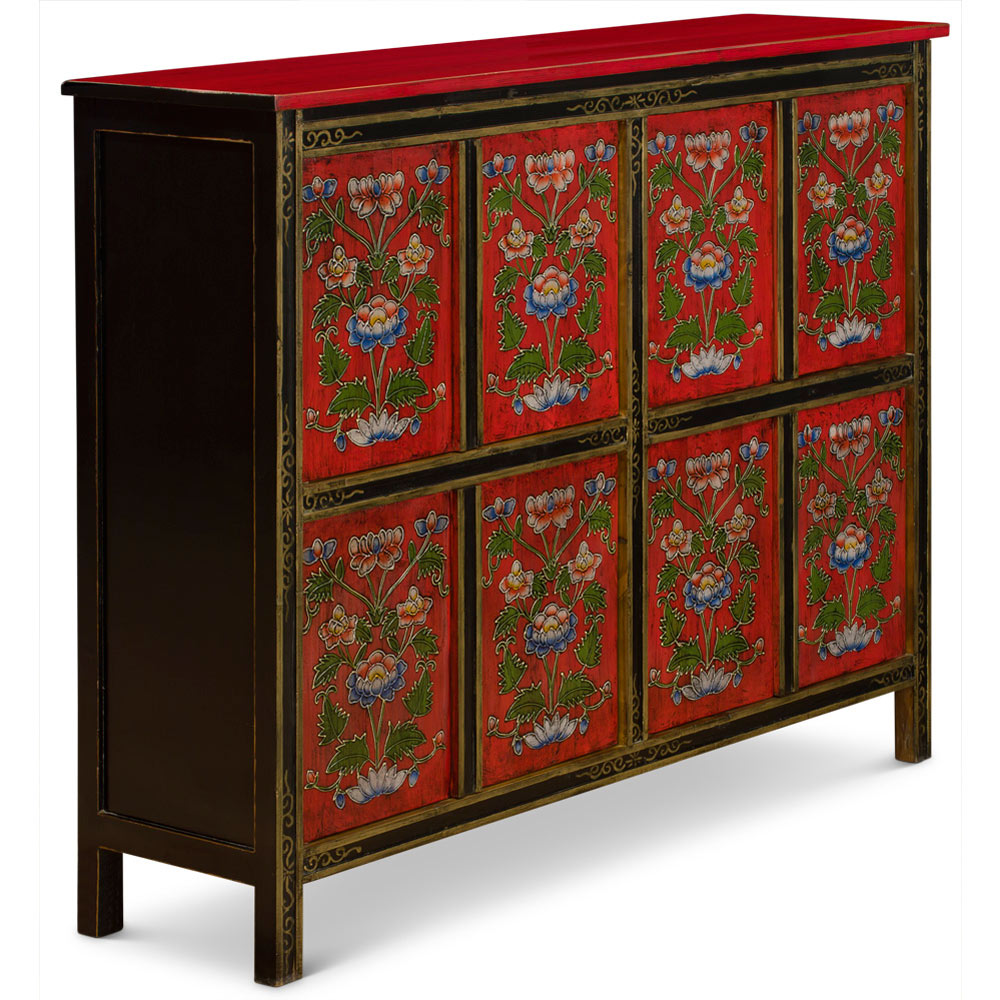 Red Hand Painted Tibetan Flower Motif Elmwood Cabinet