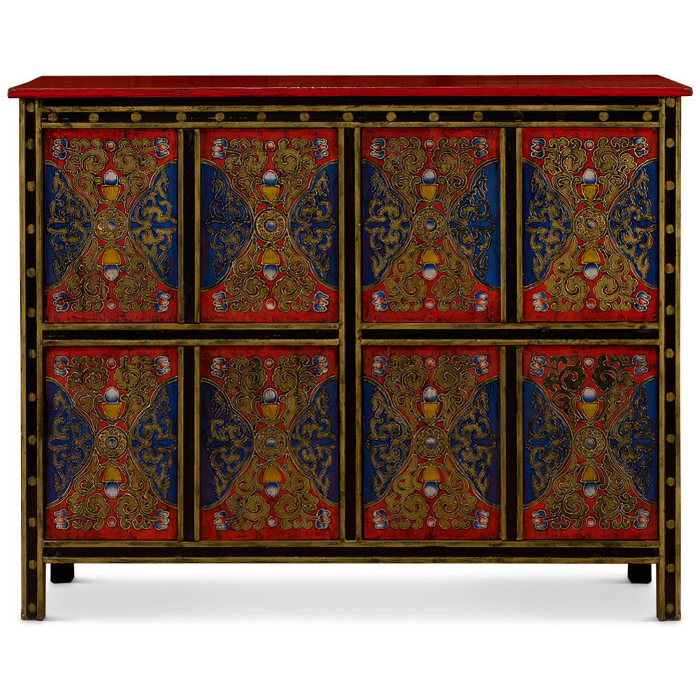 Red Yellow and Blue Hand Painted Tibetan Motif Elmwood Cabinet