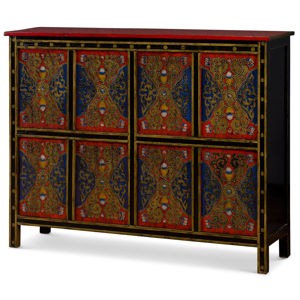 Red Yellow and Blue Hand Painted Tibetan Motif Elmwood Cabinet